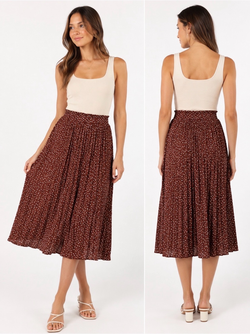 EXLURA Brown Polka Dot Pleated Midi Skirt Elastic Waist L